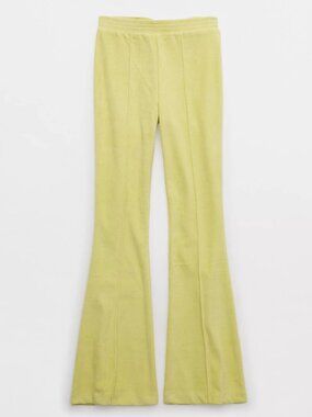 aerie Groove-On Rib Velour High Waisted Flare Pants Cozy Batalia Green Size S